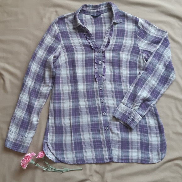 Purple plaid button-up top - Picture 1 of 2